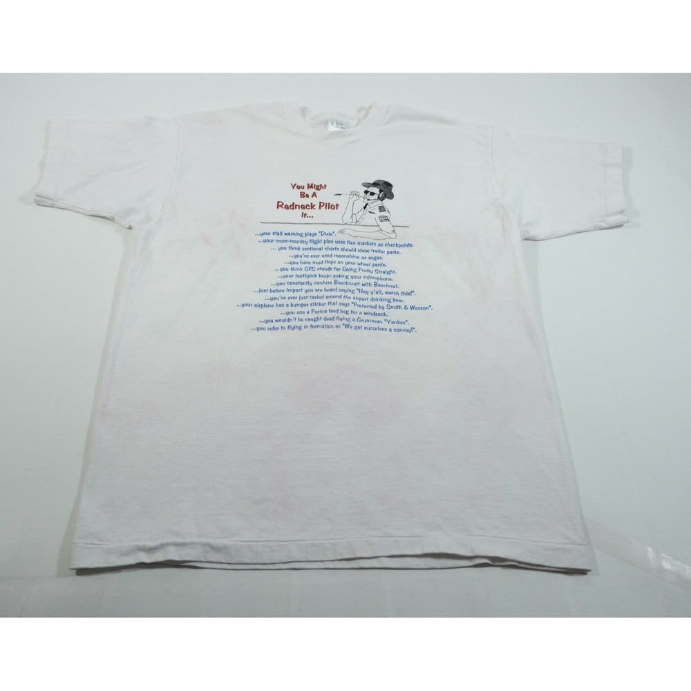Vintage T Shirt‎ Mens XL White Redneck Pilot Joke 90s Single Stitch Graphic Tee